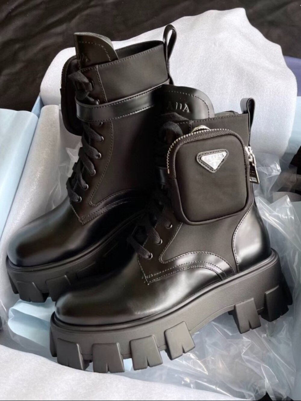 Prada Monolith Black Leather Nylon Combat Boots with Triangle Logo Pouch